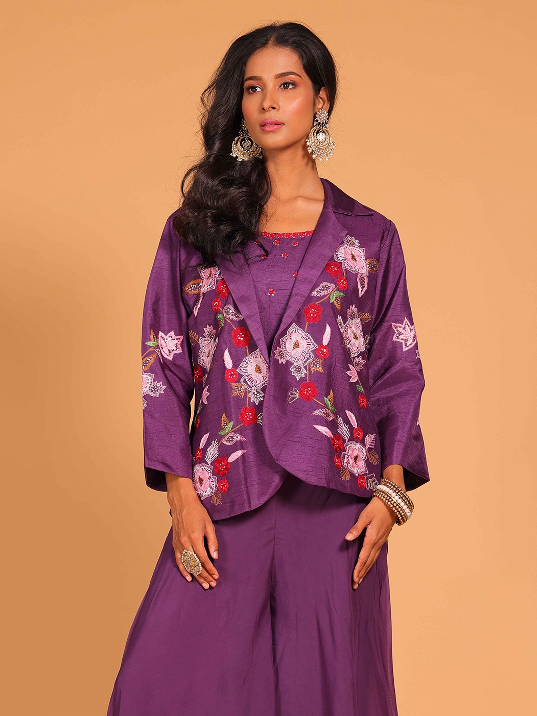 

Morchari Embroidered Crop Top With Palazzo & Jacket, Purple