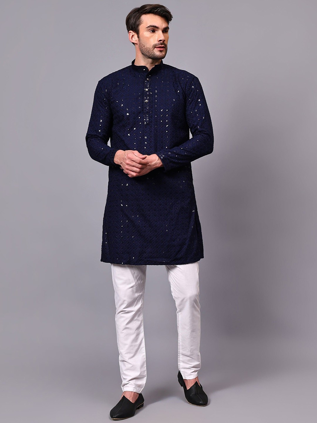 

Yugnik Men Embroidered Regular Chikankari Kurta with Pyjamas, Blue