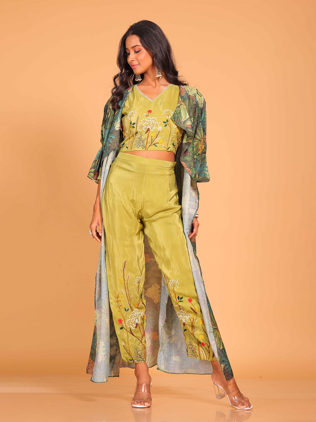 

Morchari Embroidered Crop Top With Trousers & Jacket, Yellow