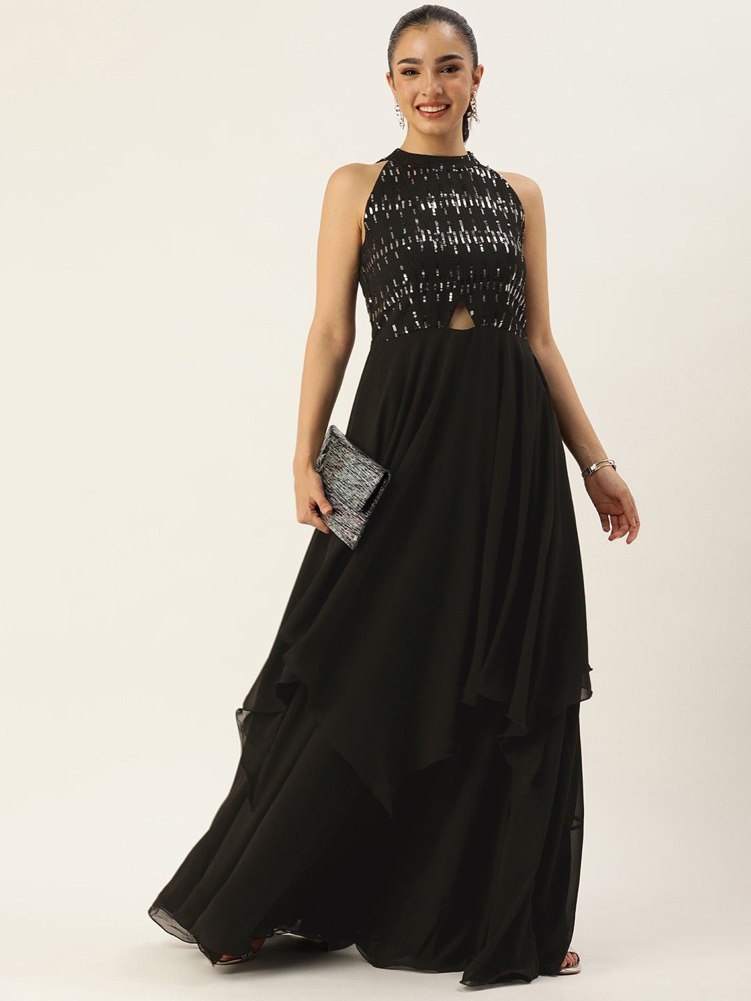 

Ethnovog Embellished Georgette Maxi Dress, Black