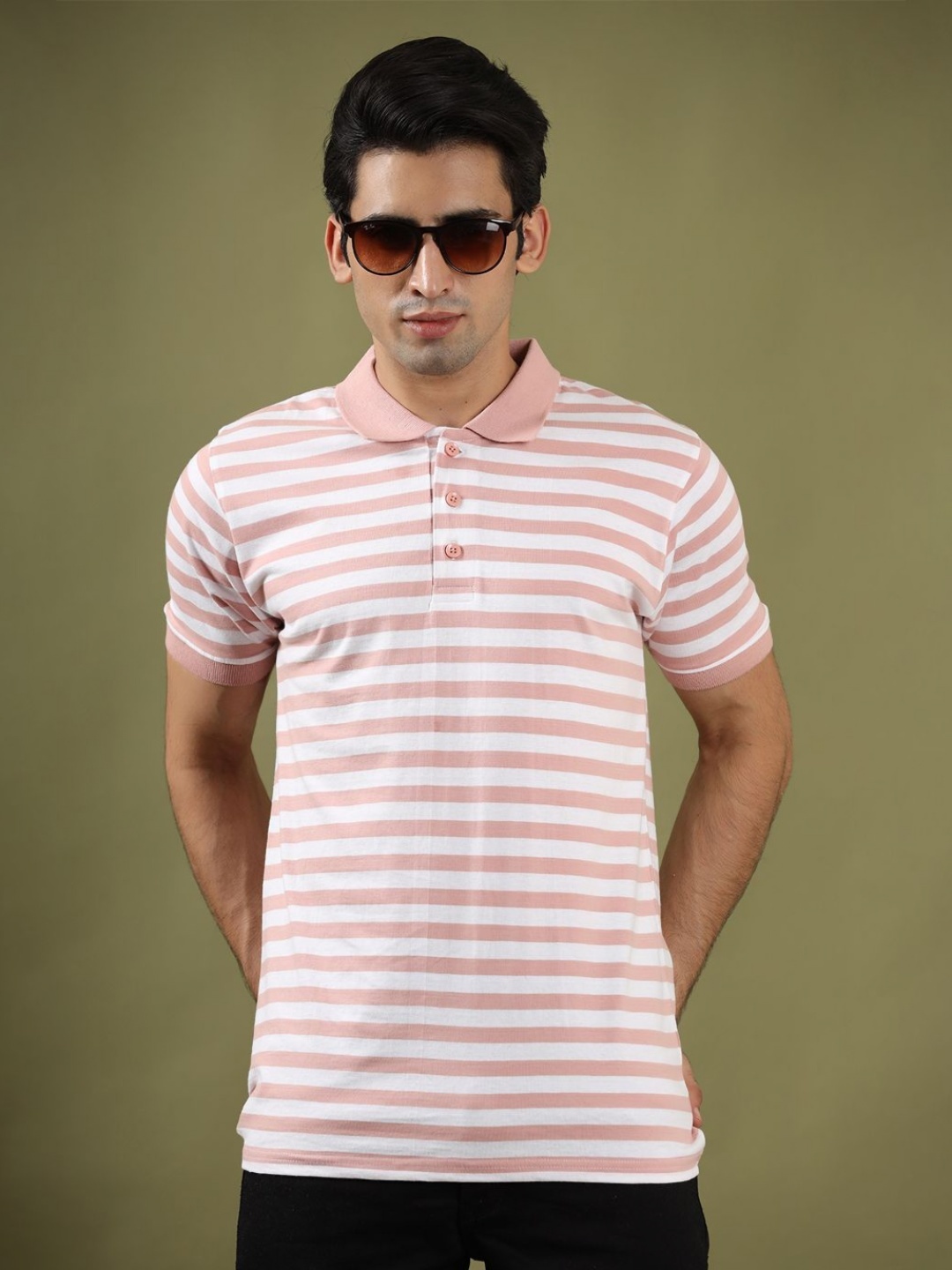 

Tistabene Men Striped Henley Neck Pockets T-shirt, Pink