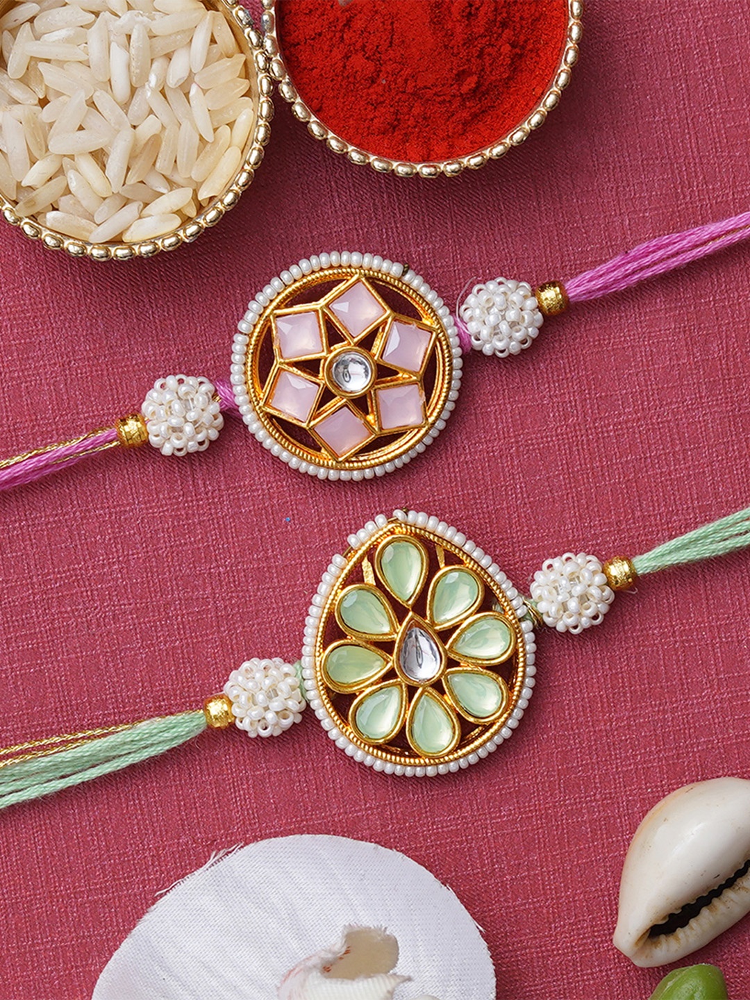 

eCraftIndia Set of 2 Kundan-Studded Rakhis with Roli & Chawal, Green