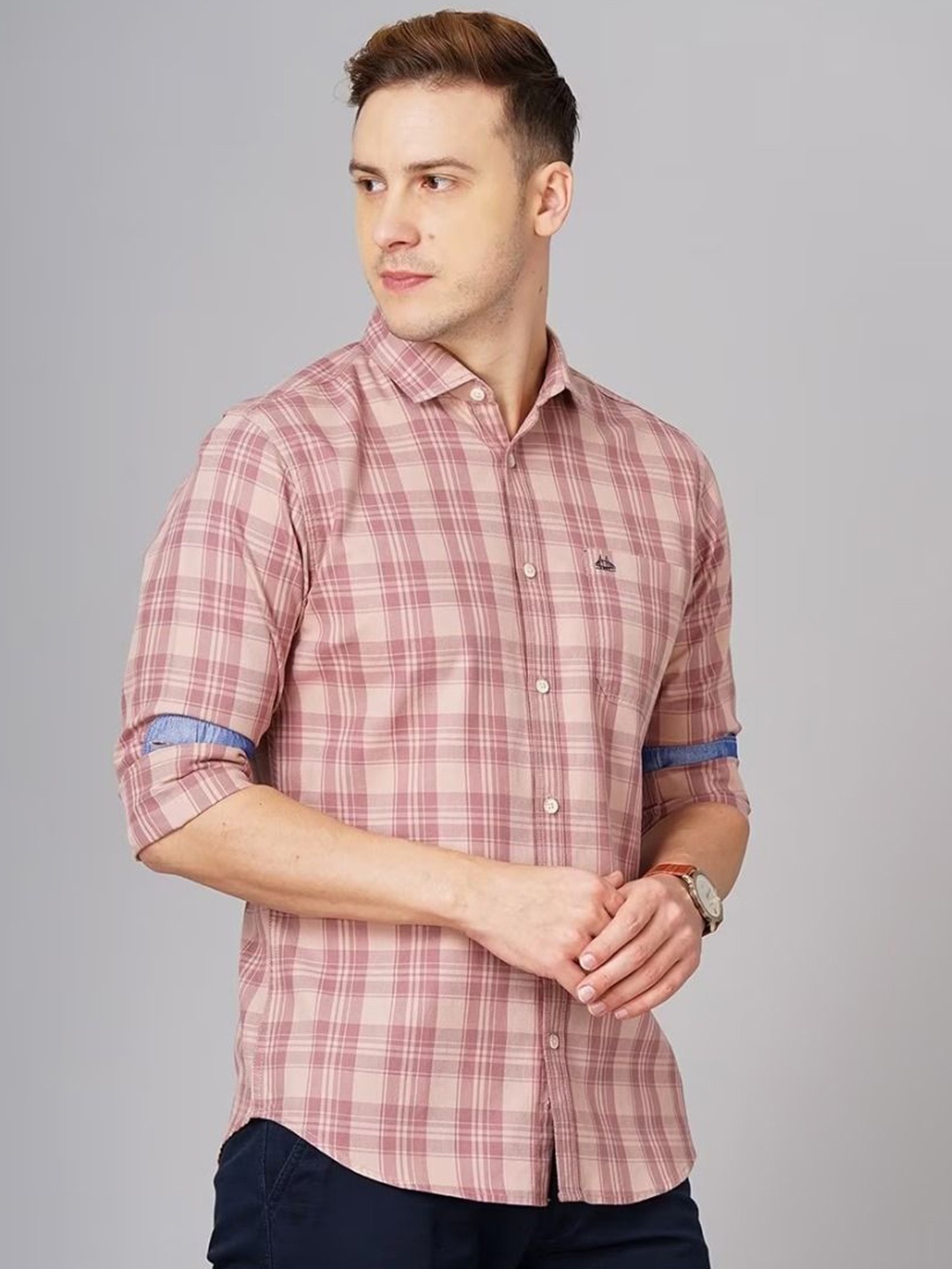 

British Club Men Smart Spread Collar Checked Cotton Slim Fit Casual Shirt, Peach