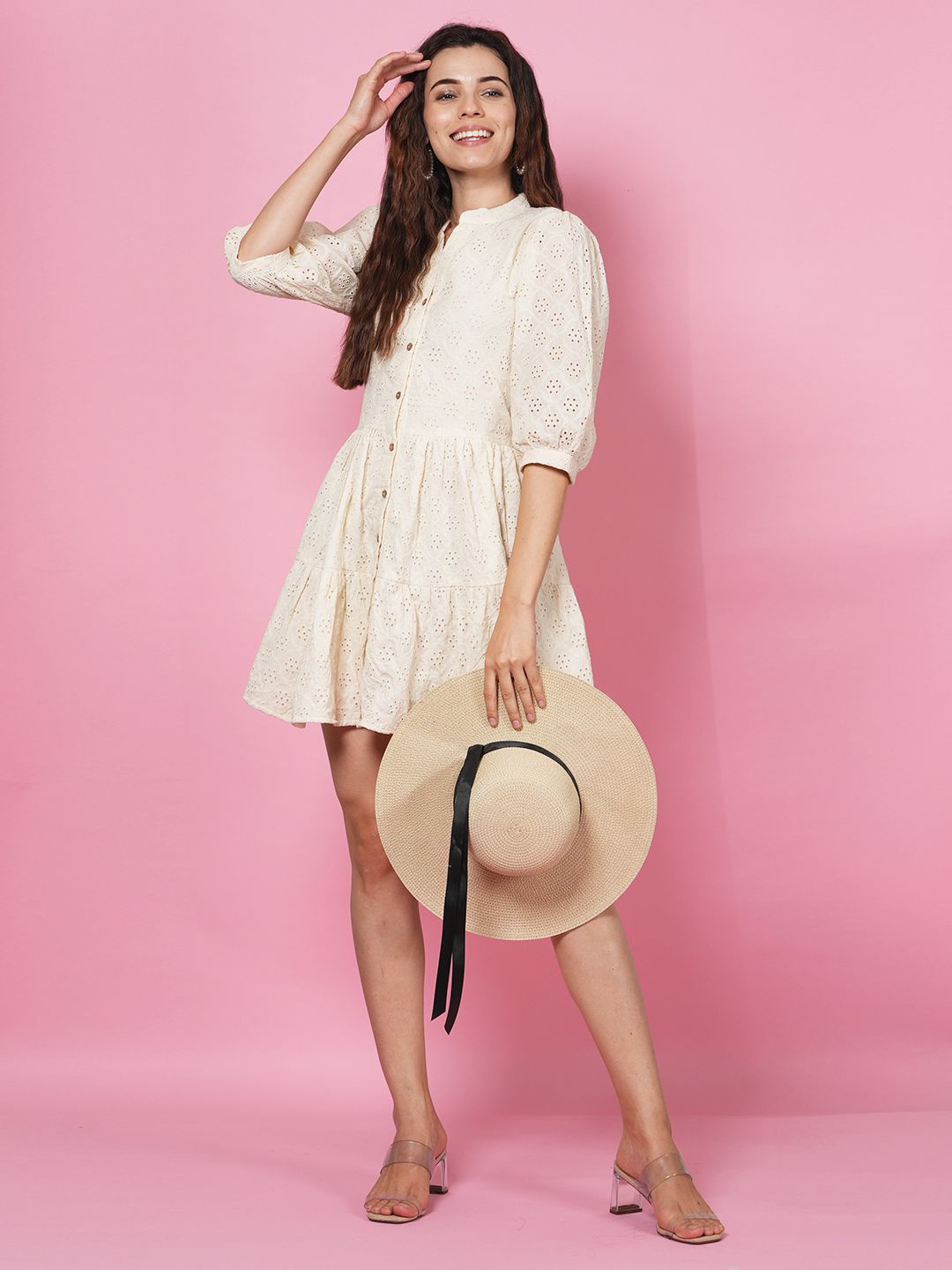 

LABEL KRISHA Puff Sleeve Fit & Flare Dress, Off white