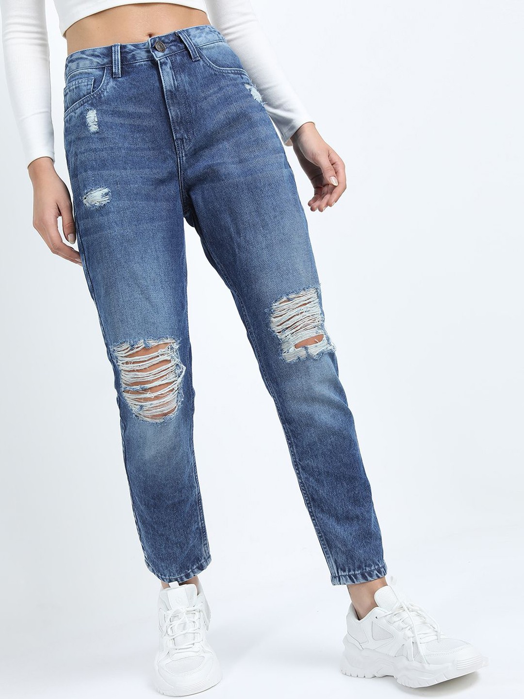 

Tokyo Talkies Women Straight Fit Highly Distressed Cotton Light Fade Jeans, Blue
