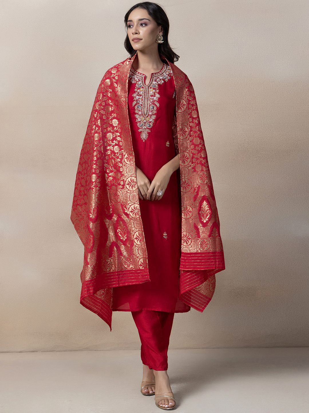 

Rang by Indya Women Embroidered Regular Sequinned Kurta with Trousers & With Dupatta, Pink
