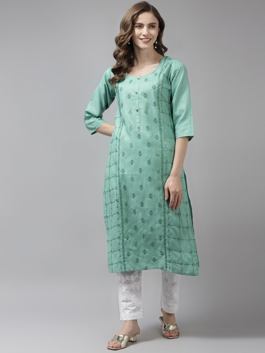 

BAESD Women Geometric Cold-Shoulder Sleeves Sequinned Anarkali Kurta, Turquoise blue