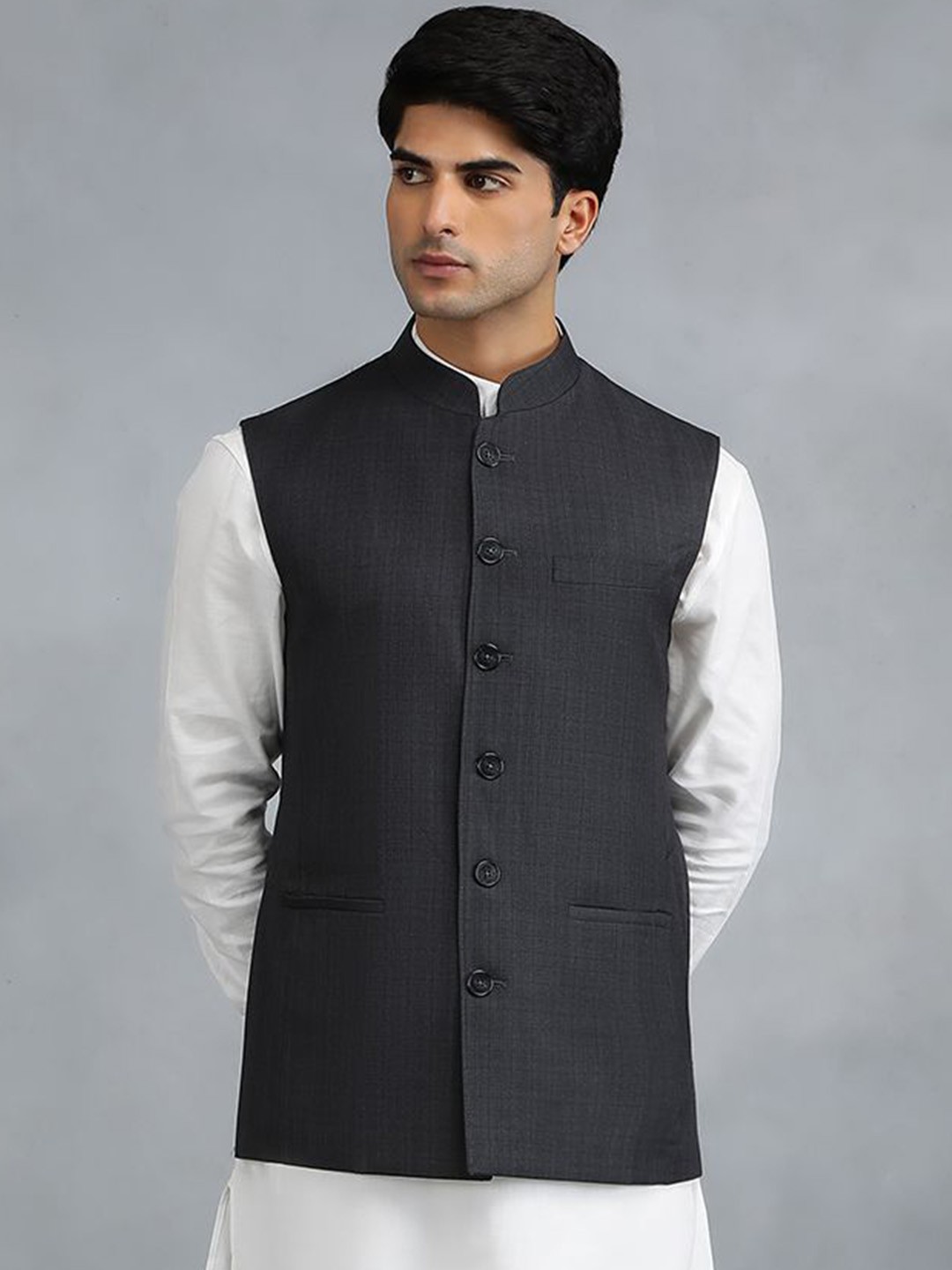 

MODI JACKET Men Floral Woollen Longline Tailored Jacket, Grey