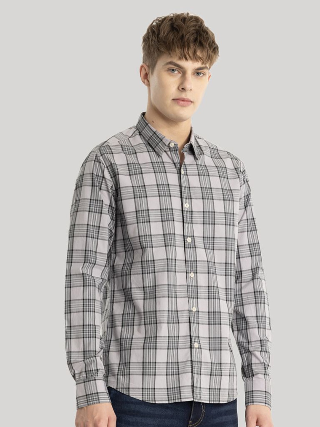 

Snitch Men Smart Slim Fit Tartan Checks Opaque Checked Casual Shirt, Grey