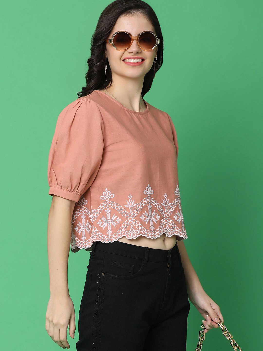 

UNLIMITED Women Embellished Abstract Round Neck Cotton Top, Peach