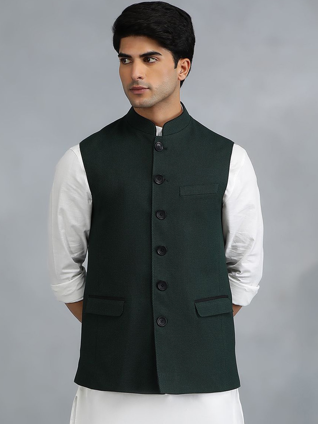 

MODI JACKET Men Geometric Woollen Longline Tailored Jacket Patchwork, Green