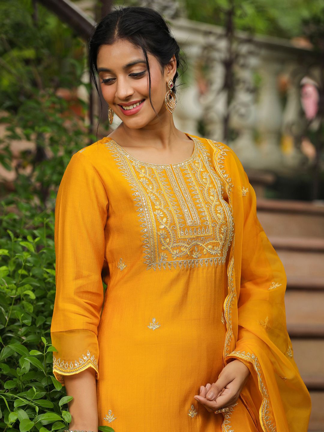 

Janasya Floral Embroidered Straight Kurta with Trousers & Dupatta, Mustard