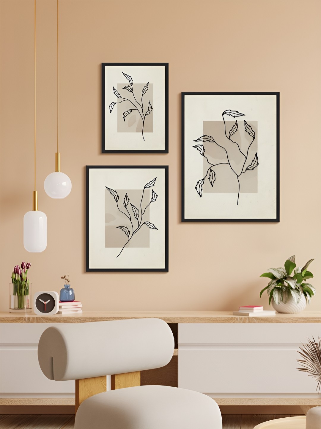 

999Store Grey & Beige 3 Piece Paper Floral and Botanical Wall Paintings