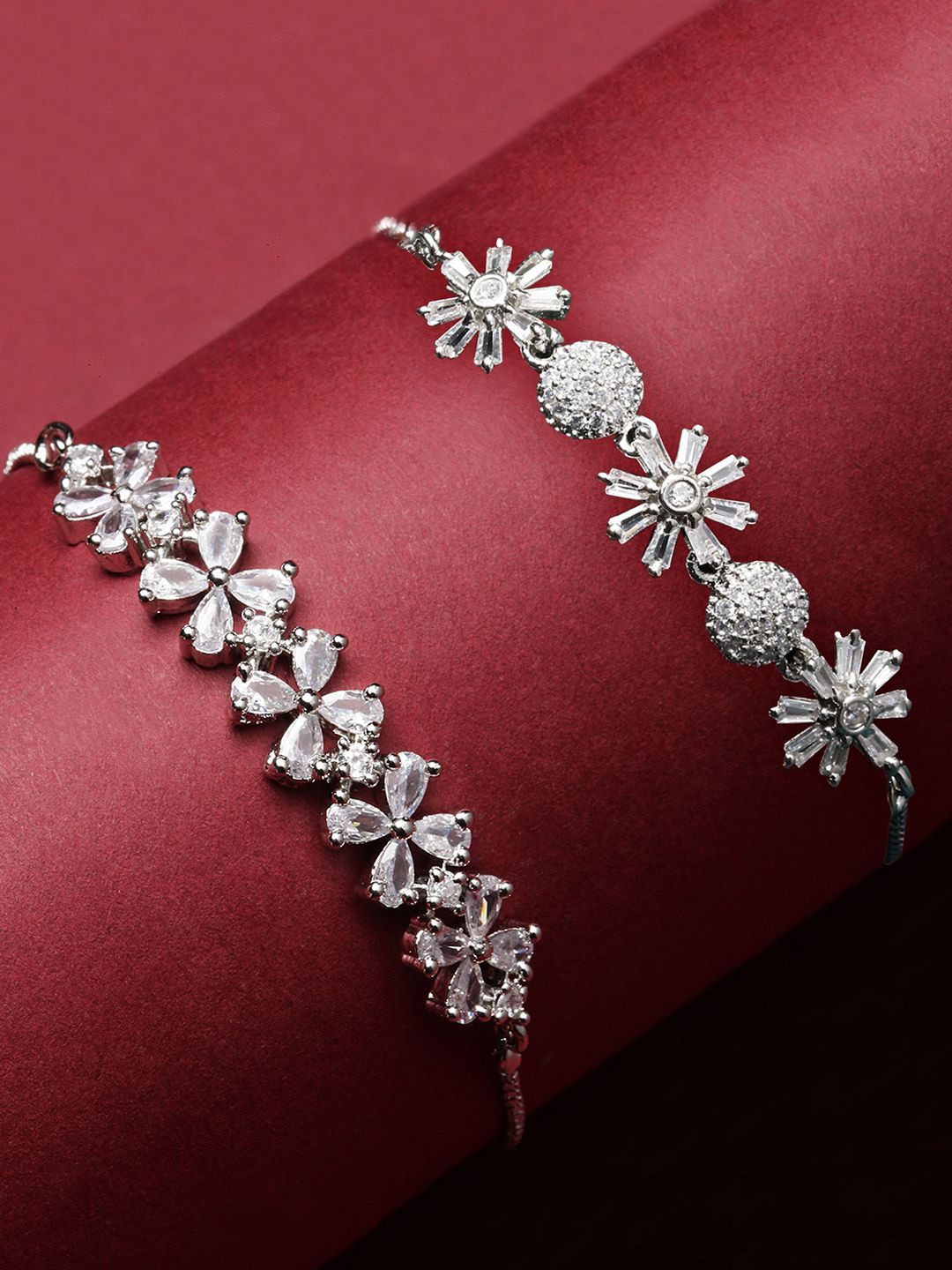 

ZENEME Set Of 2 American Diamond Rhodium-Plated Wraparound Bracelet, Silver