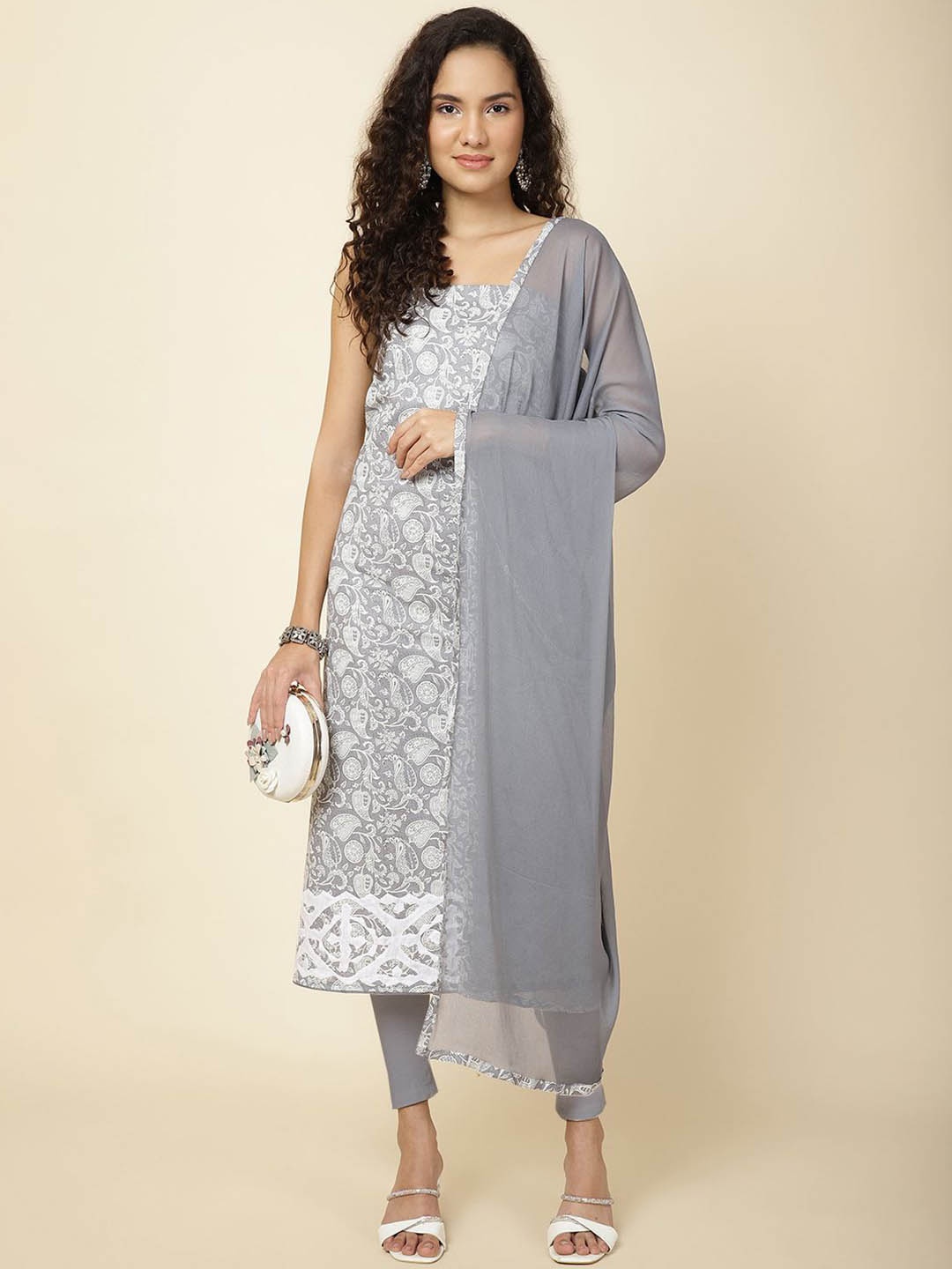 

Meena Bazaar Printed Unstitched Dress Material, Grey