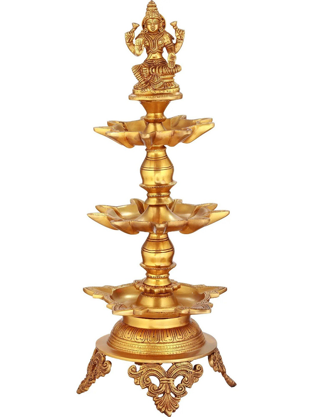 

Exotic India 20" Brass Goddess Lakshmi Twenty-Three Wicks Puja Lamp, Gold