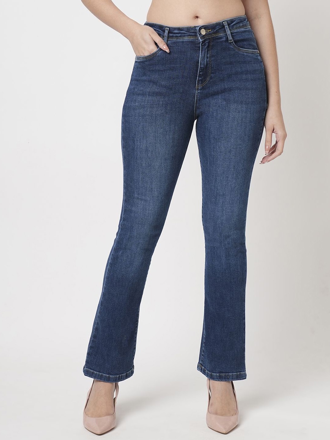 

Kraus Jeans Women Flared High-Rise Light Fade Stretchable Jeans, Blue