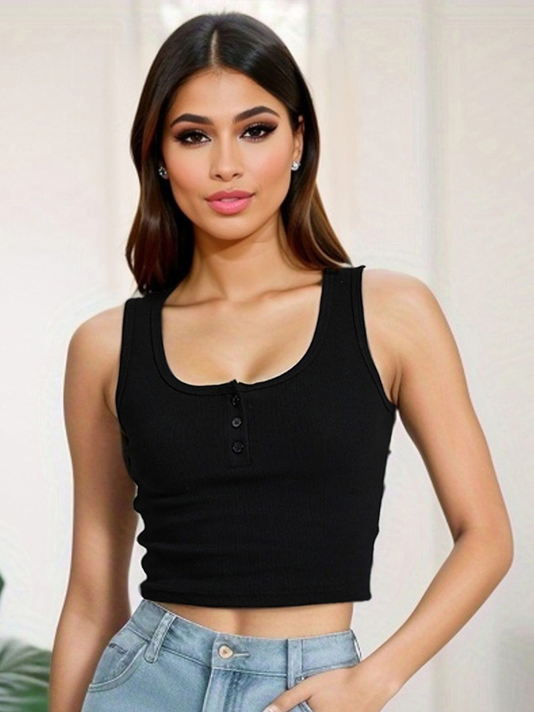 

LULU & SKY Women Solid Scoop Neck Cotton Top, Black