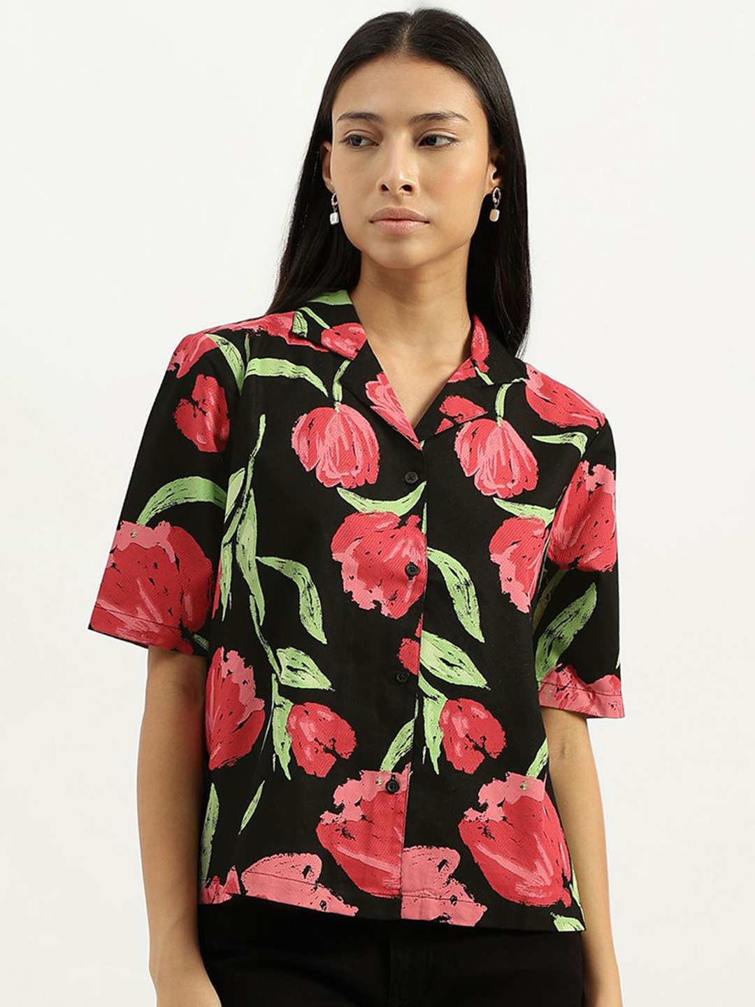 

United Colors of Benetton Women Cuban Collar Floral Printed Cotton Casual Shirt, Black