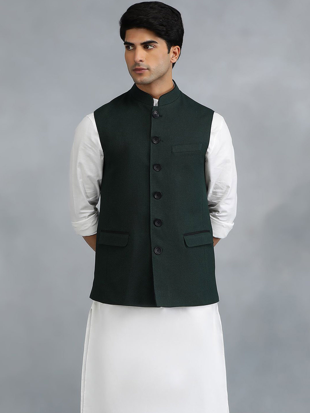 

MODI JACKET Men Geometric Woollen Longline Tailored Jacket Patchwork, Green