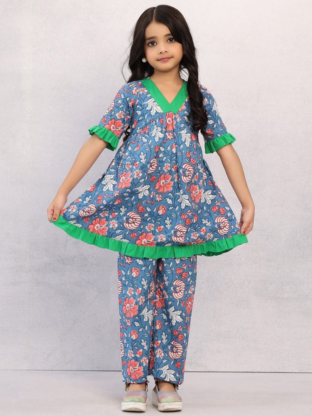 

Futra Gabha Girls Floral Tunic with Trousers, Blue