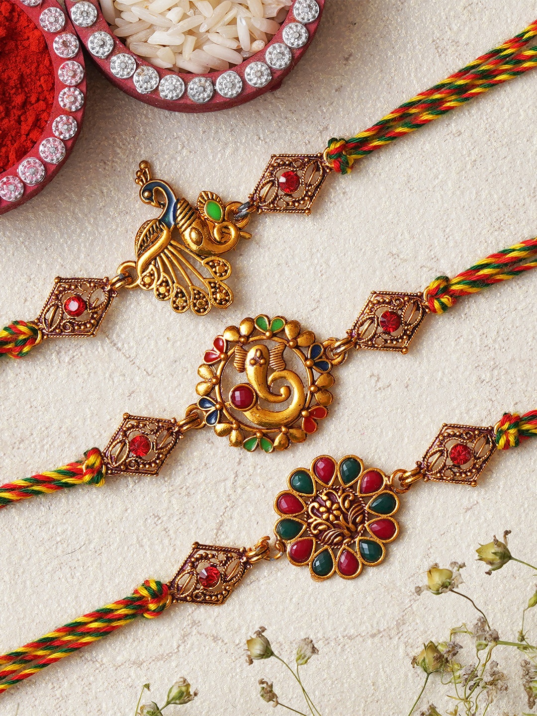 

eCraftIndia Unisex Set of 3 Lord Ganesha & Floral Designer Rakhi, Red