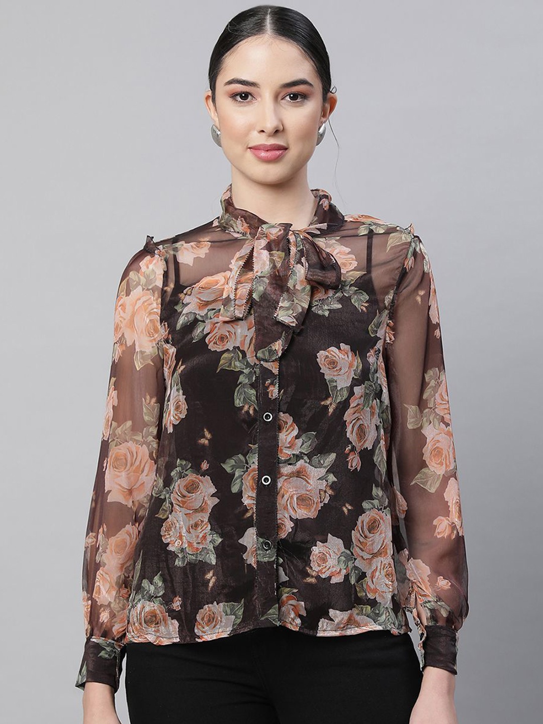 

Global Republic Women Classic Mandarin Collar Floral Printed Casual Shirt, Black