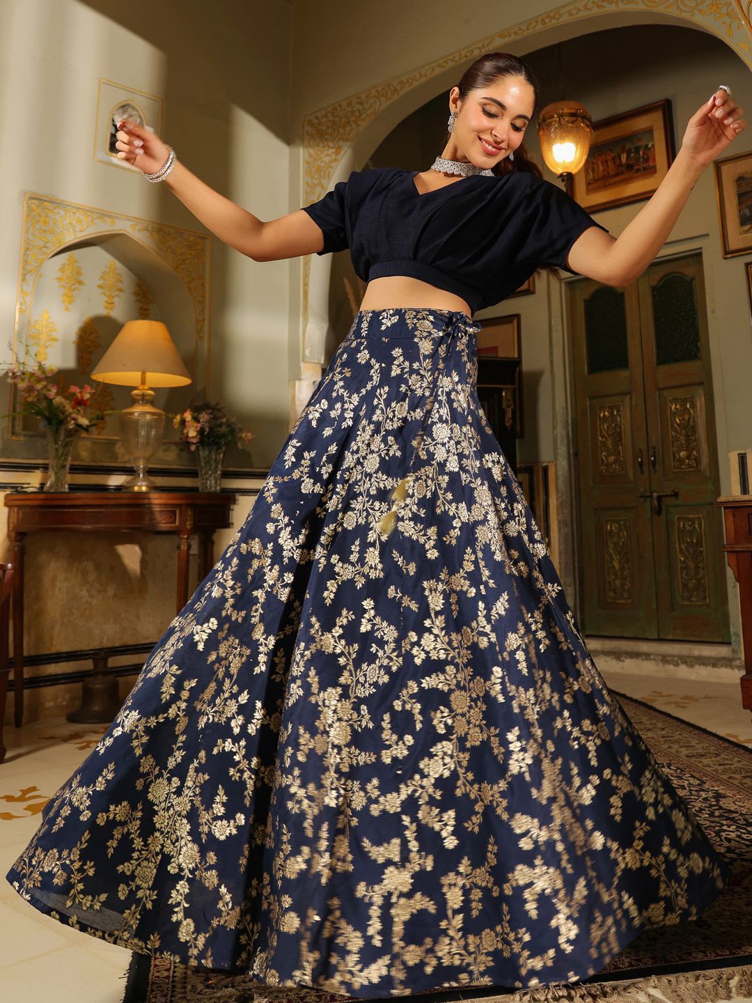 

Janasya Women Brocade Panelled Lehenga with Choli, Navy blue