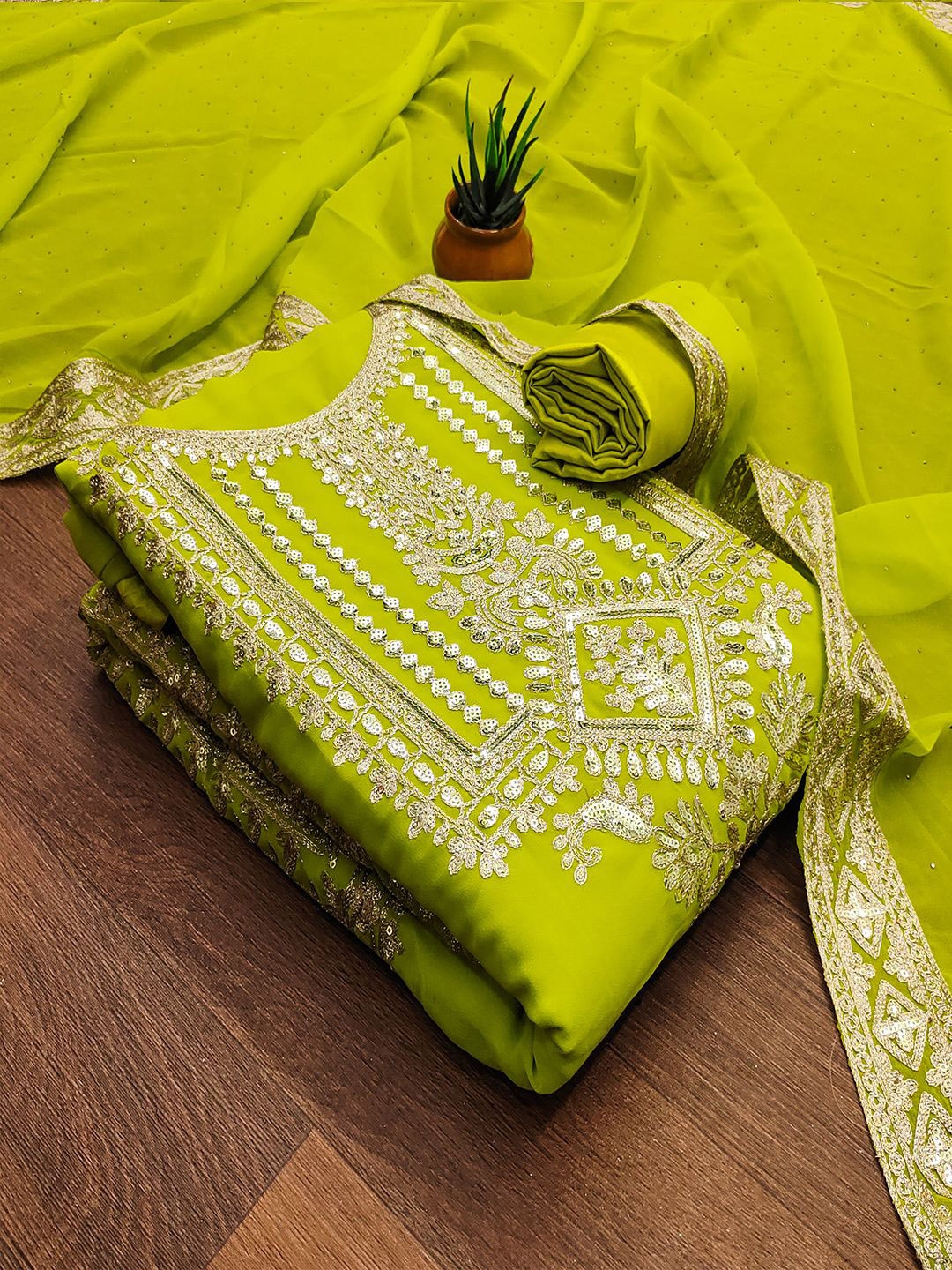 

Lilots Embroidered Unstitched Dress Material, Green