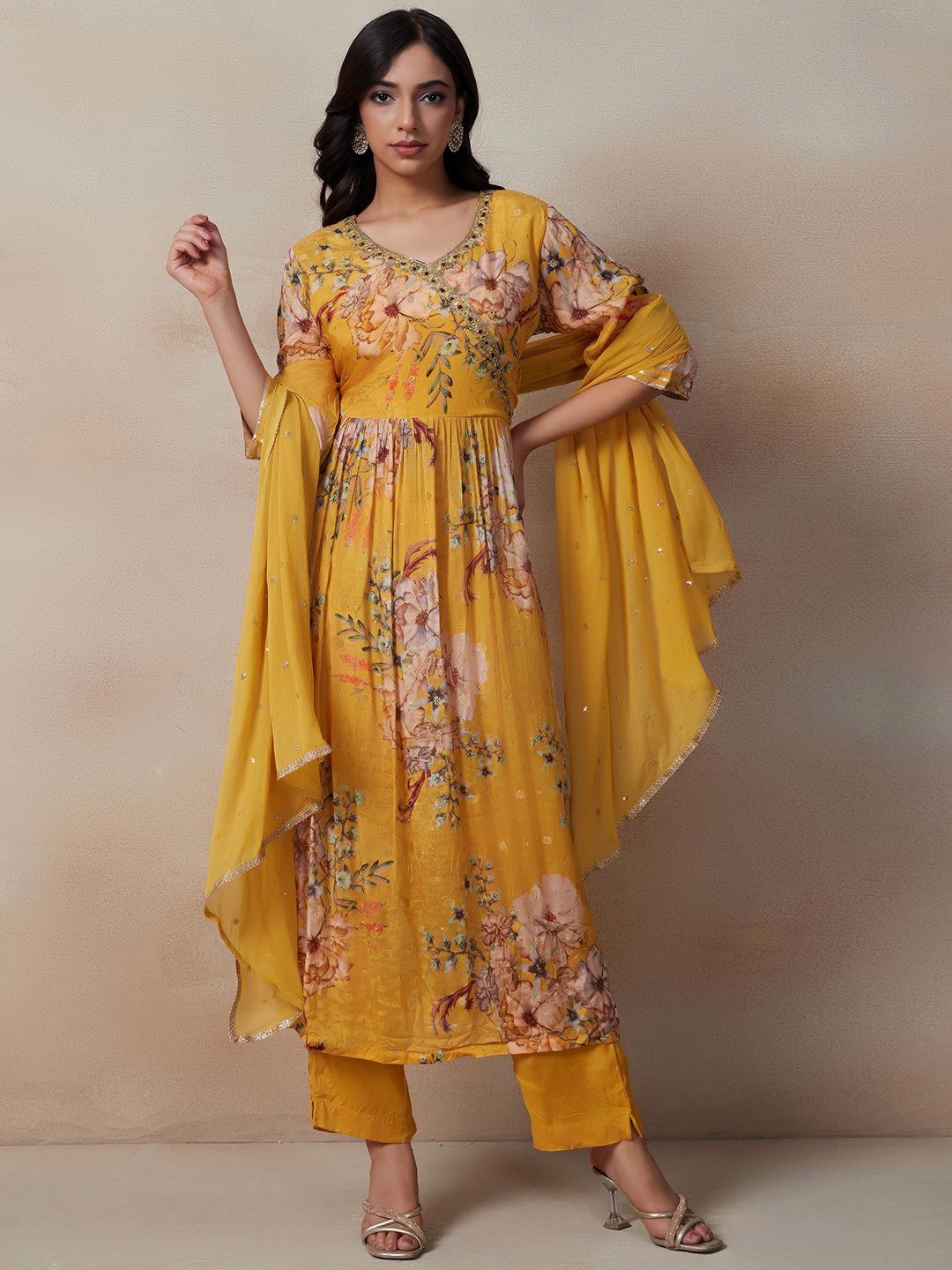 

Rang by Indya Women Floral Printed Angrakha Thread Work Kurta with Trousers & With Dupatta, Yellow