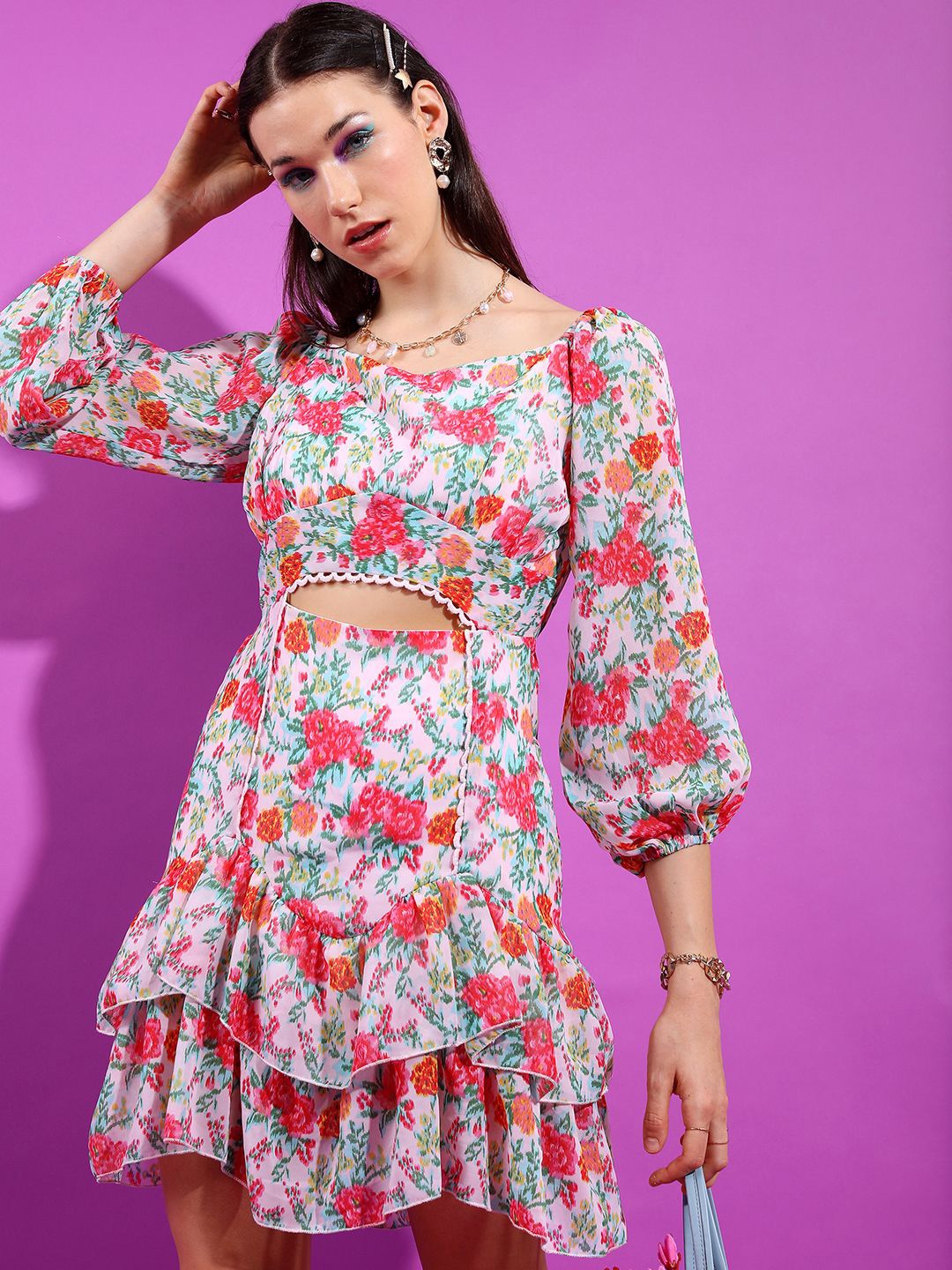 

Tokyo Talkies Floral Print Puff Sleeve Fit & Flare Dress, Pink