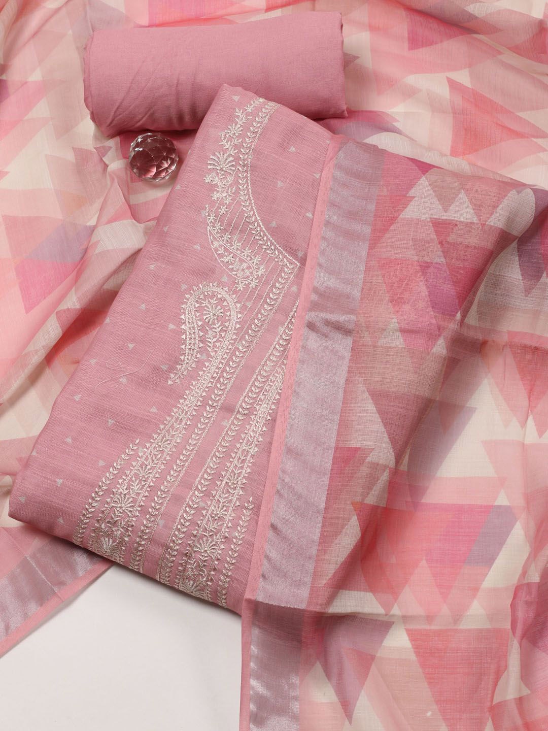 

Meena Bazaar Printed Linen Unstitched Dress Material, Pink