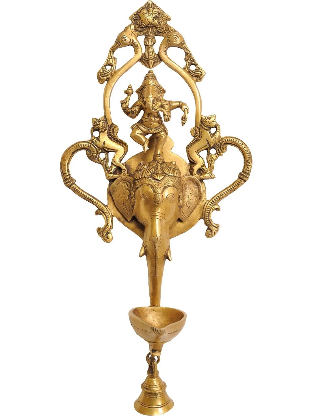 

Exotic India Yellow Textured Ganesha Lamp With Bell Brass Wall Hanging, Gold