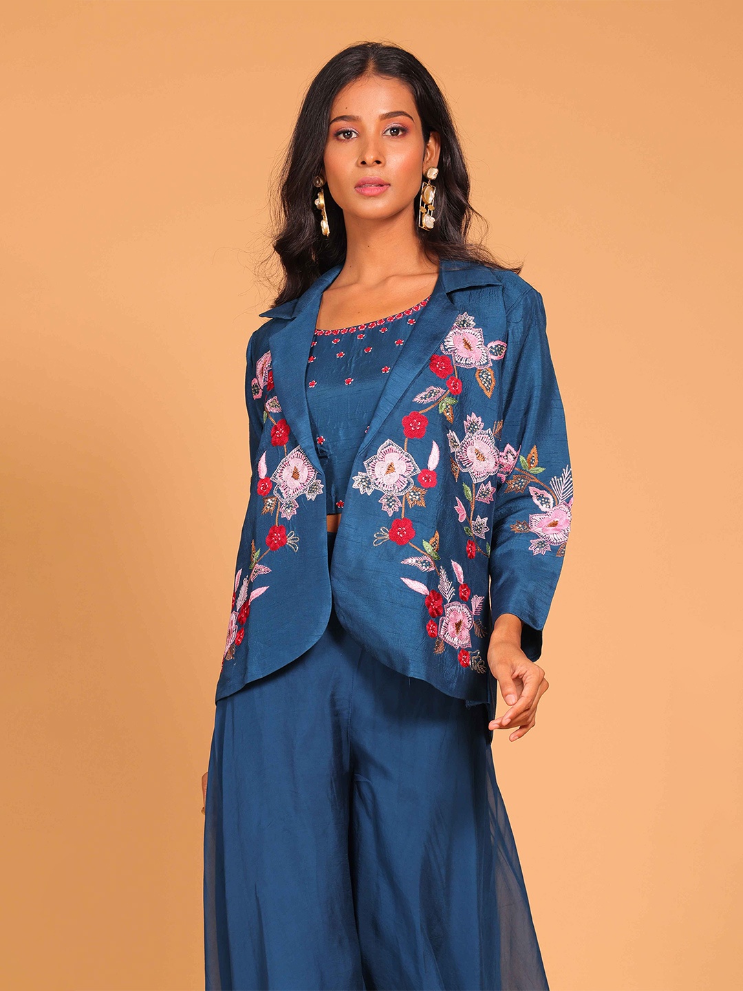 

Morchari Crop Top With Palazzo & Jacket, Blue