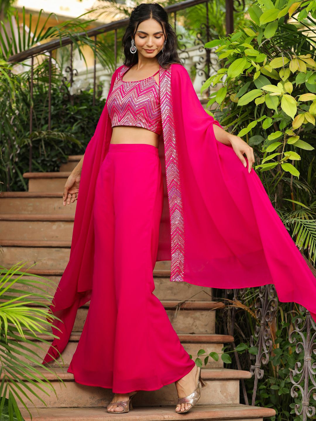 

Janasya Women's Pink Georgette Embroidered Top With Pant & Cape Set
