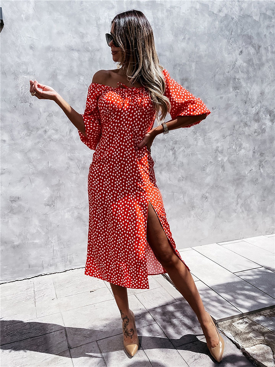 

StyleCast x Revolte Polka Dot Printed Off-Shoulder Puff Sleeve Sheath Dress, Red