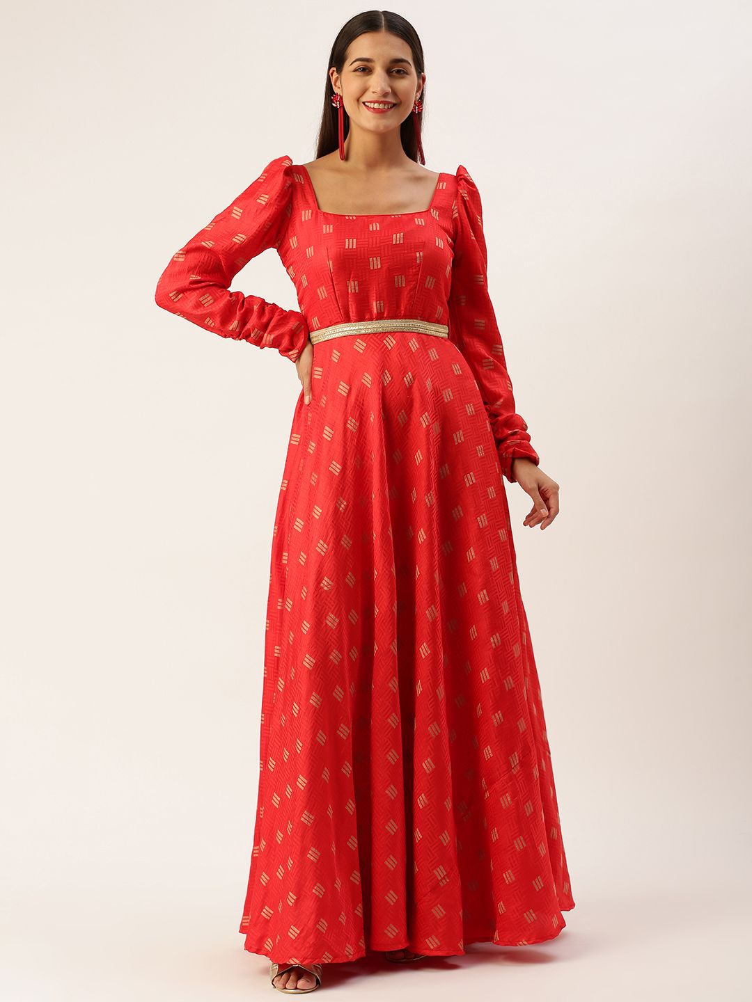 

Ethnovog Printed Square Neck Puff Sleeves Belted Maxi Dress, Red