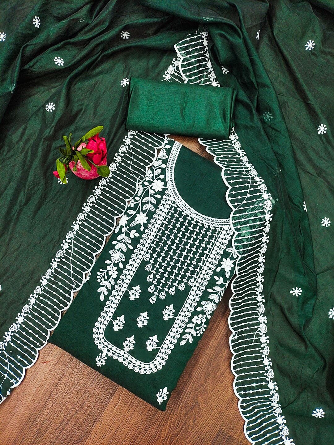 

MANVAA Embellished Unstitched Dress Material, Green