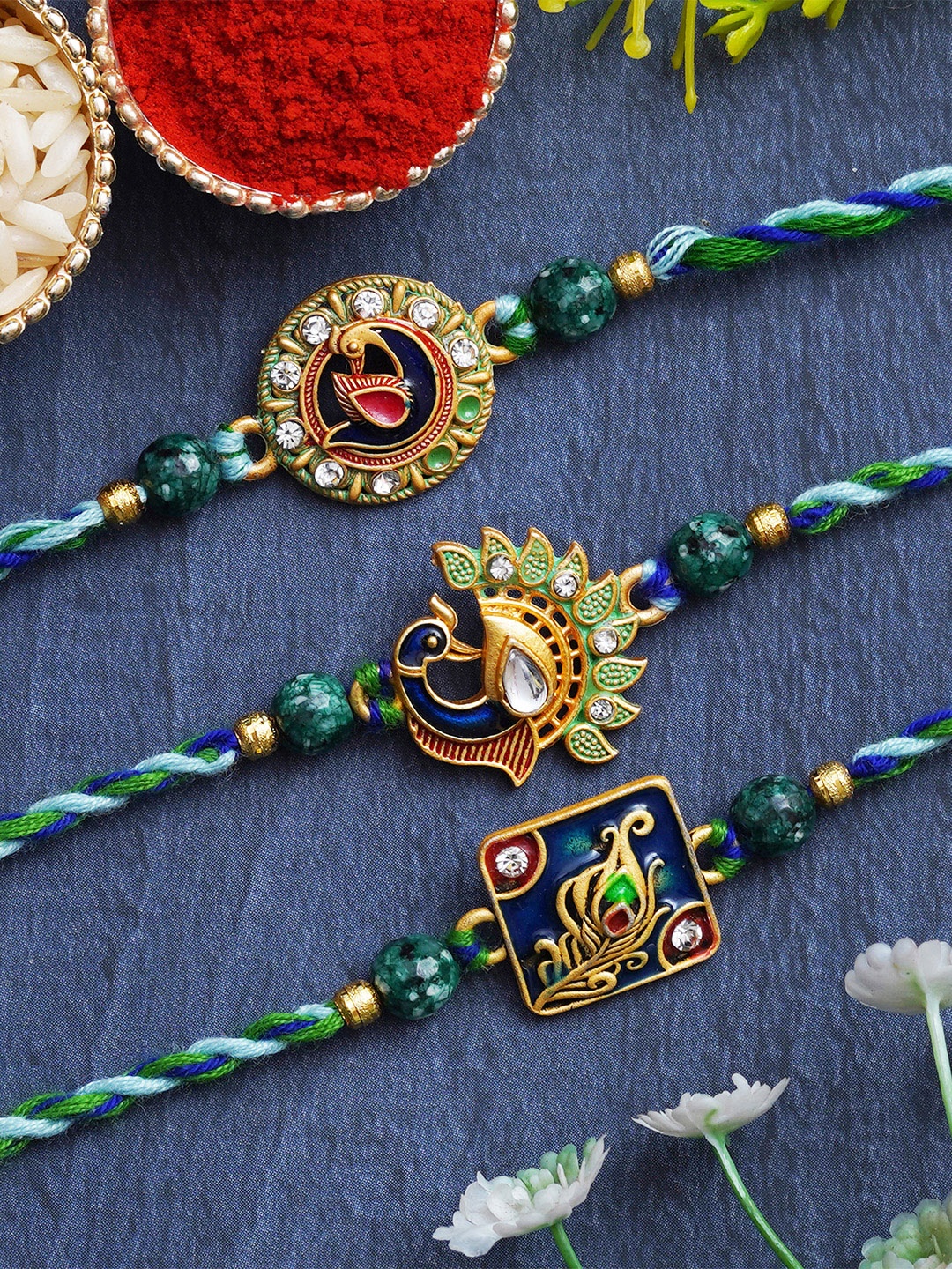 

eCraftIndia Set of 3 Religious Designer Rakhis with Roli & Chawal, Multi