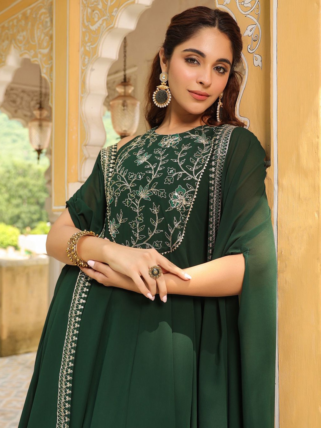 

Janasya Floral Embroidered Georgette Fit & Flare Maxi Ethnic Dress With Cape, Green