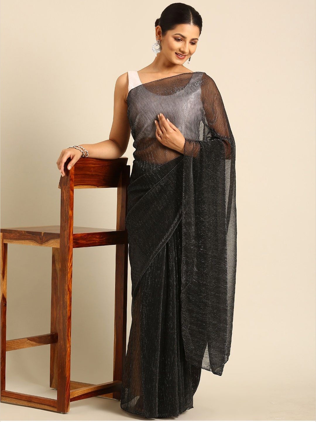 

all about you Embellished Solid Saree With Blouse Piece, Black