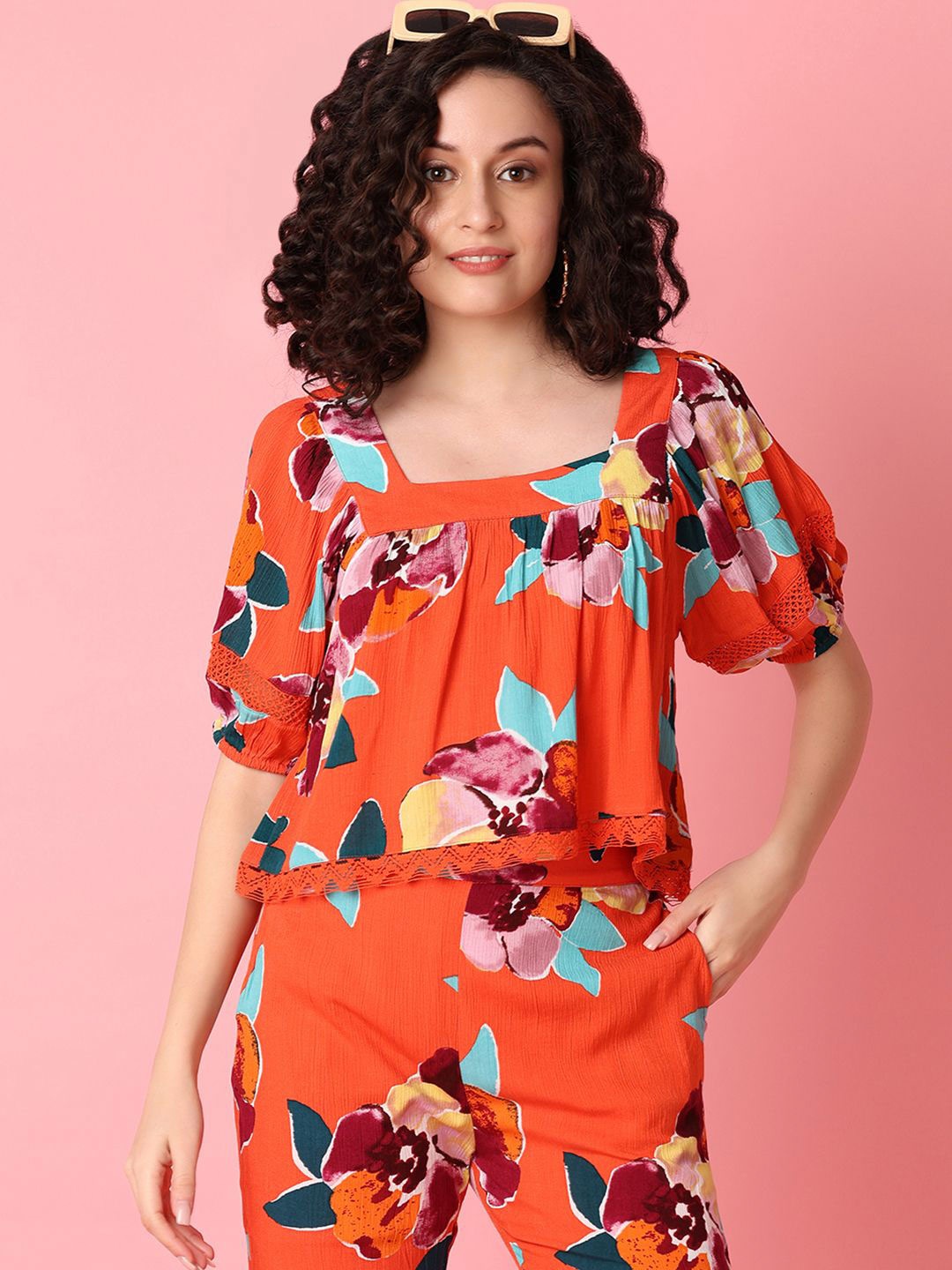 

UNLIMITED Women Floral Printed Square Neck Top, Rust