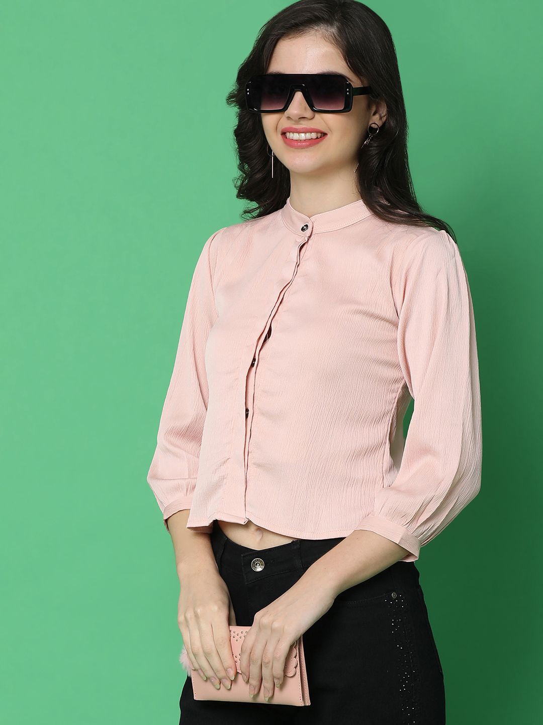 

UNLIMITED Women Solid Mandarin Collar Top, Peach
