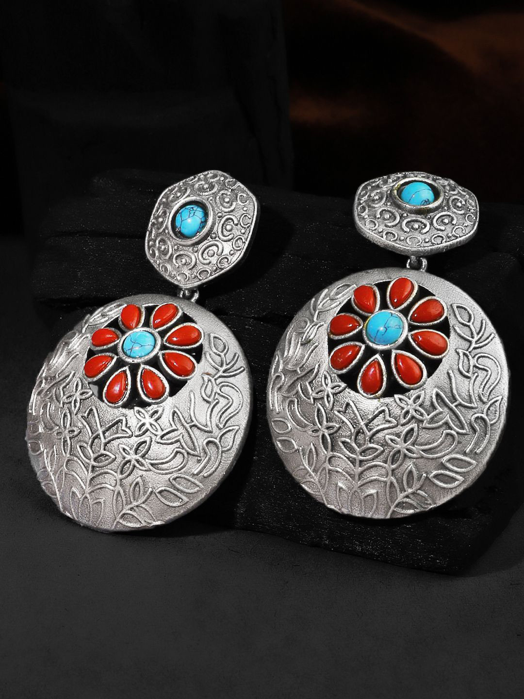 

Adwitiya Collection Silver-Plated Oxidised Stone-Studded Drop Earrings