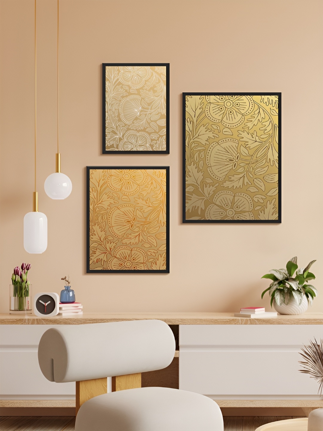 

999Store Gold-Toned & White 3 Piece Paper Floral and Botanical Wall Paintings