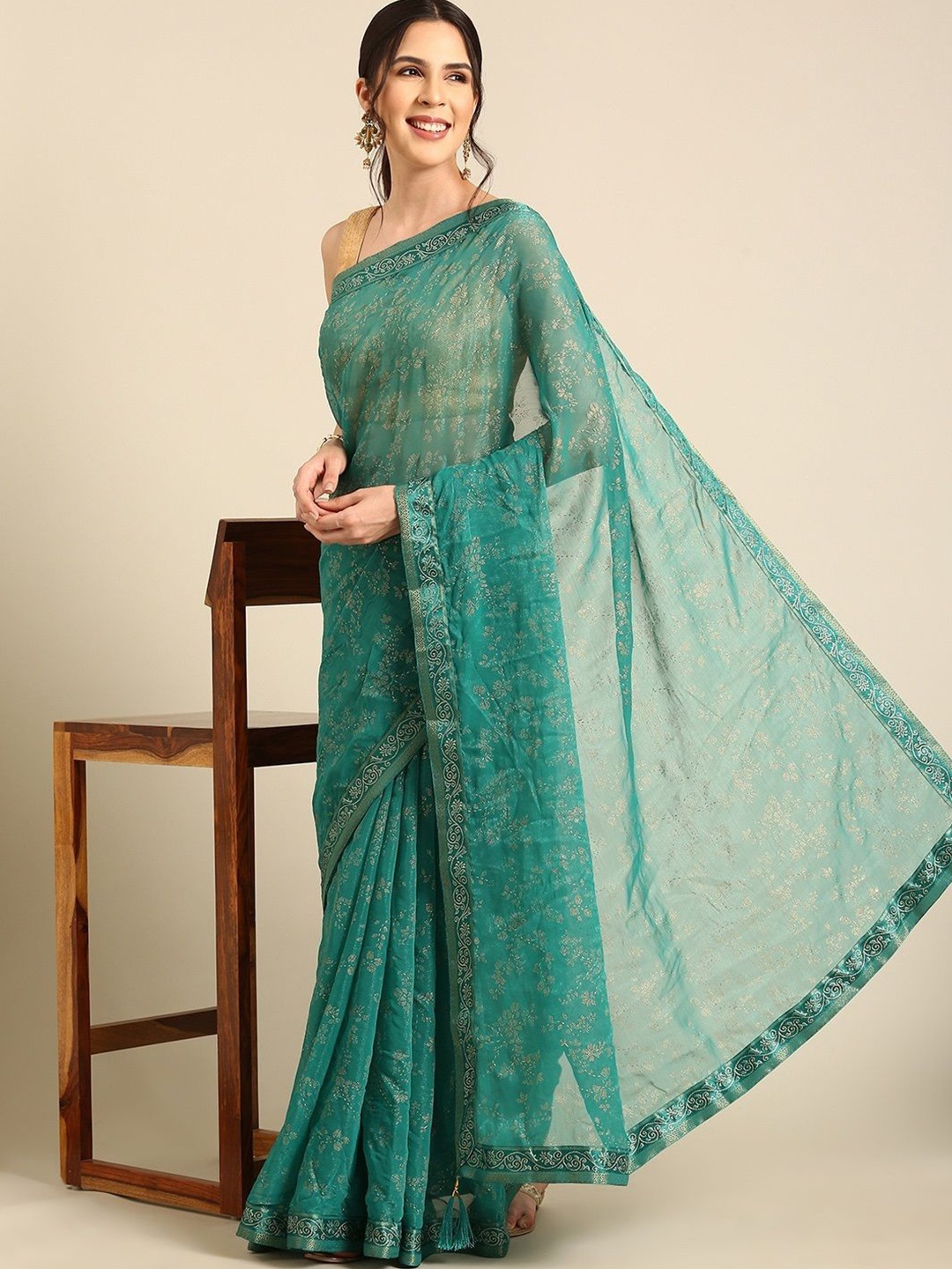 

all about you Floral Printed Woven Design Zari Saree, Turquoise blue