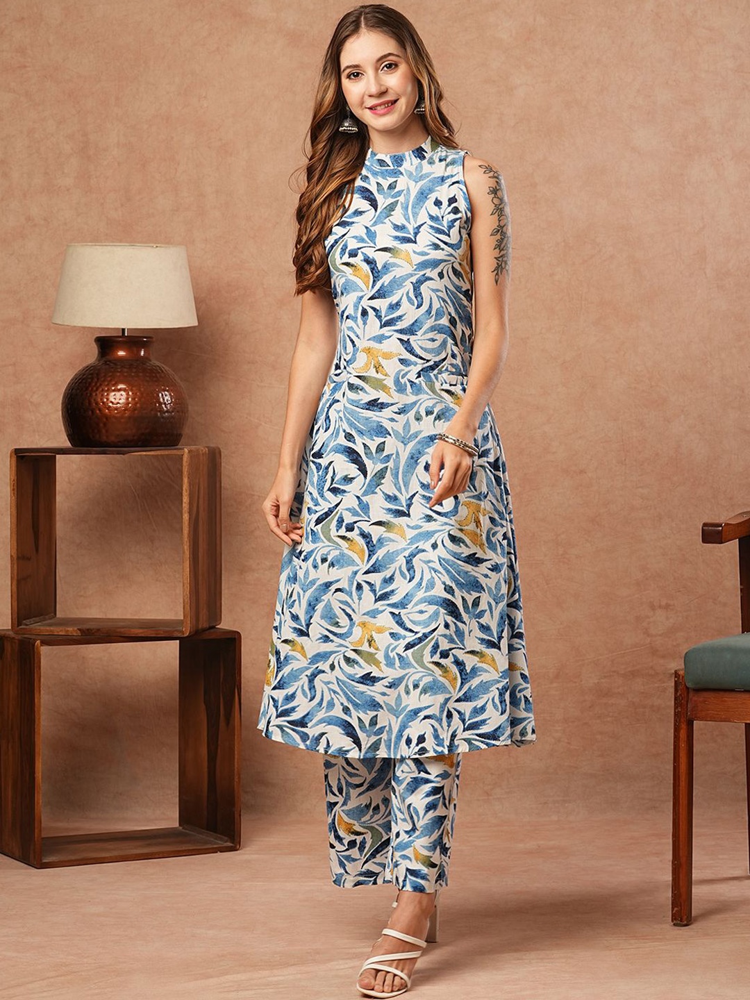 

FASHOR Floral Printed Cotton Tunic With Palazzos Co-Ords, Blue