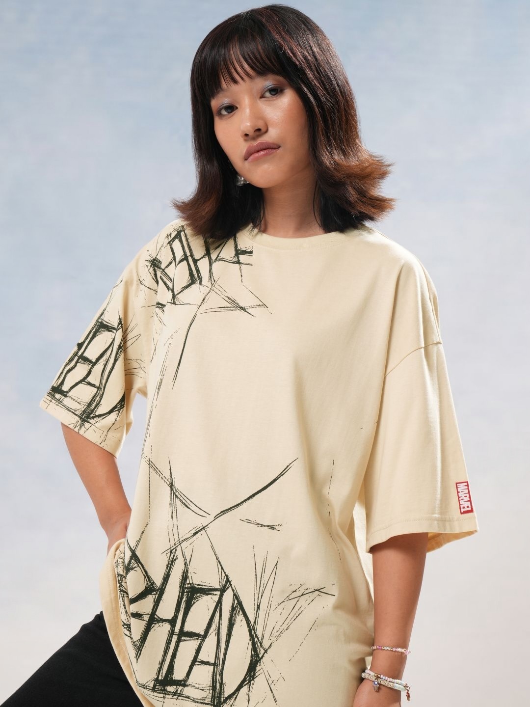 

Tokyo Talkies Women Spider Man Printed Oversized Tshirt, Beige