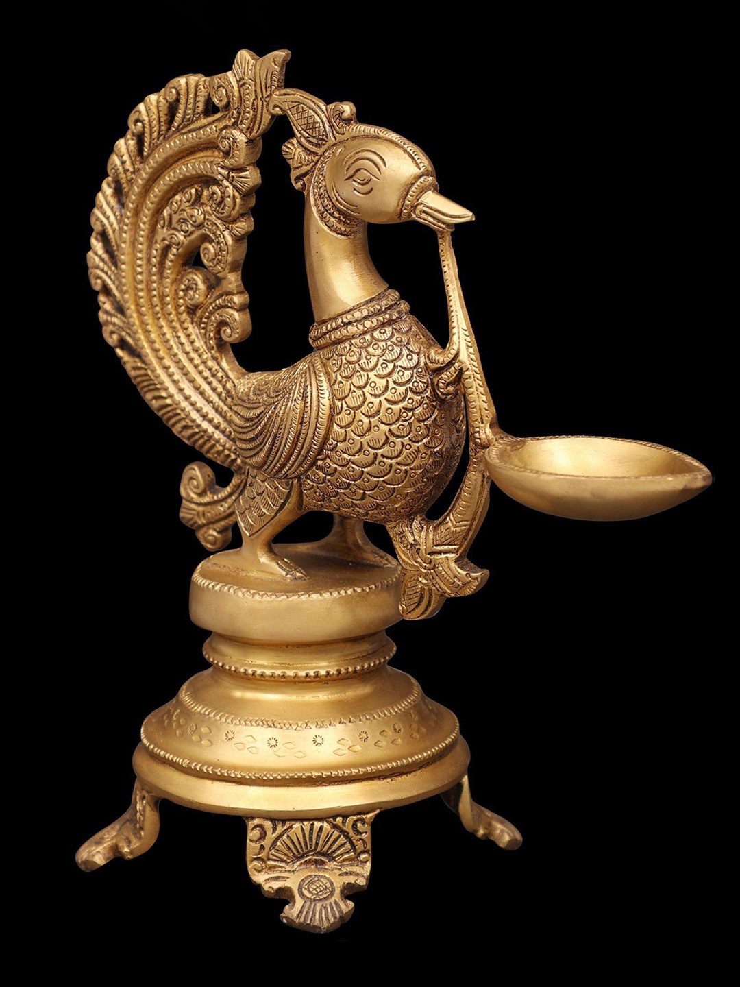 

Exotic India 8" Peacock Wick Puja Lamp in Brass - Made in India, Gold