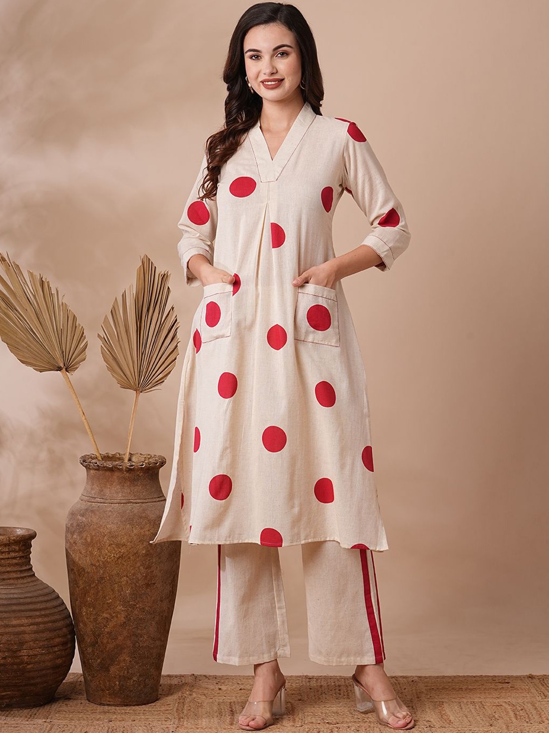 

FASHOR Polka Dot Printed A-Line Tunic With Palazzo Co-Ords, Off white